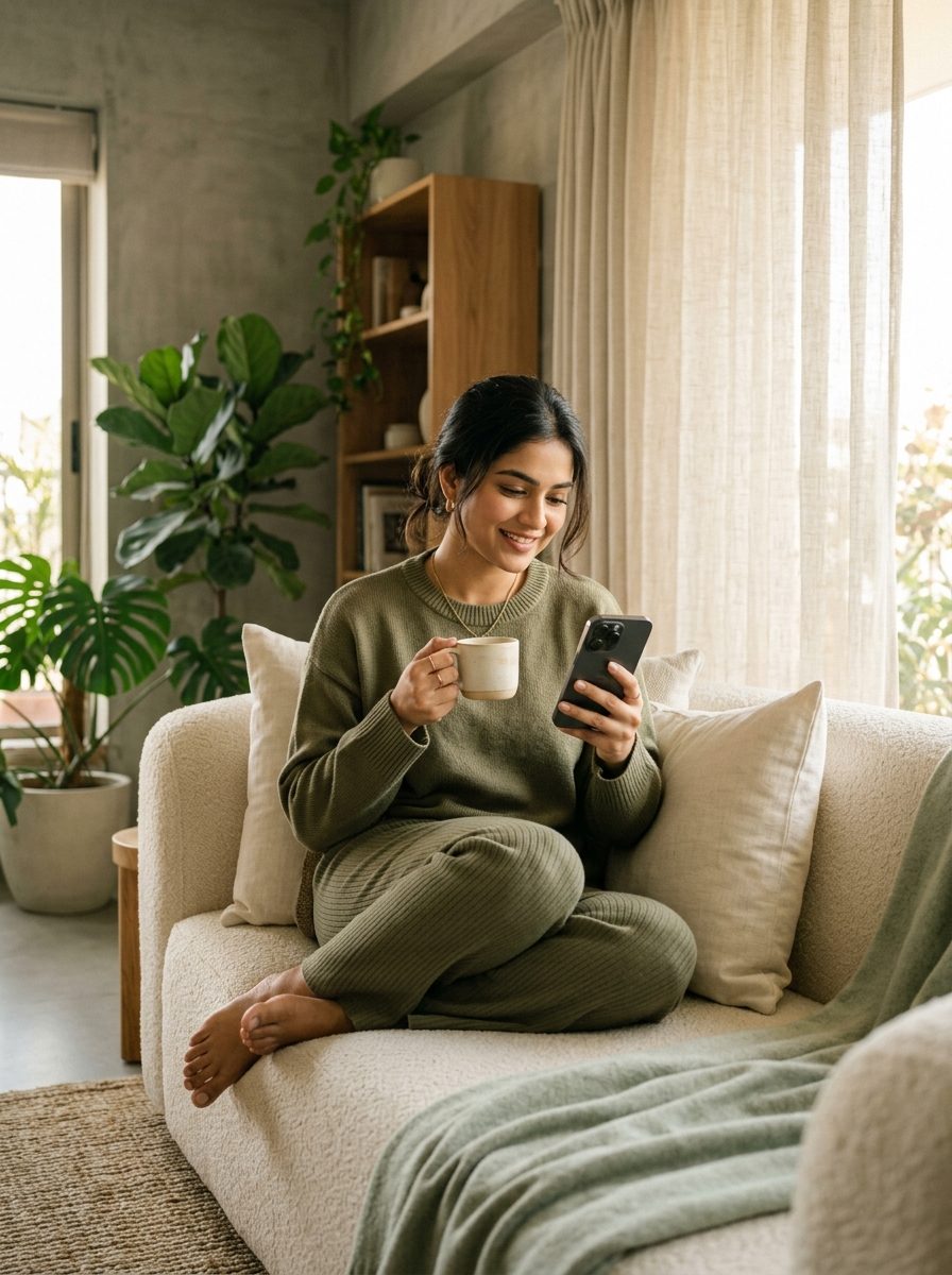 Sunday morning chai on the sofa, reviewing the week's progress on her phone