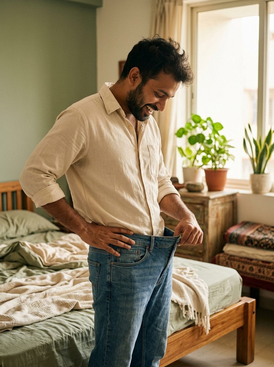 Trying on an old pair of jeans that finally fits again