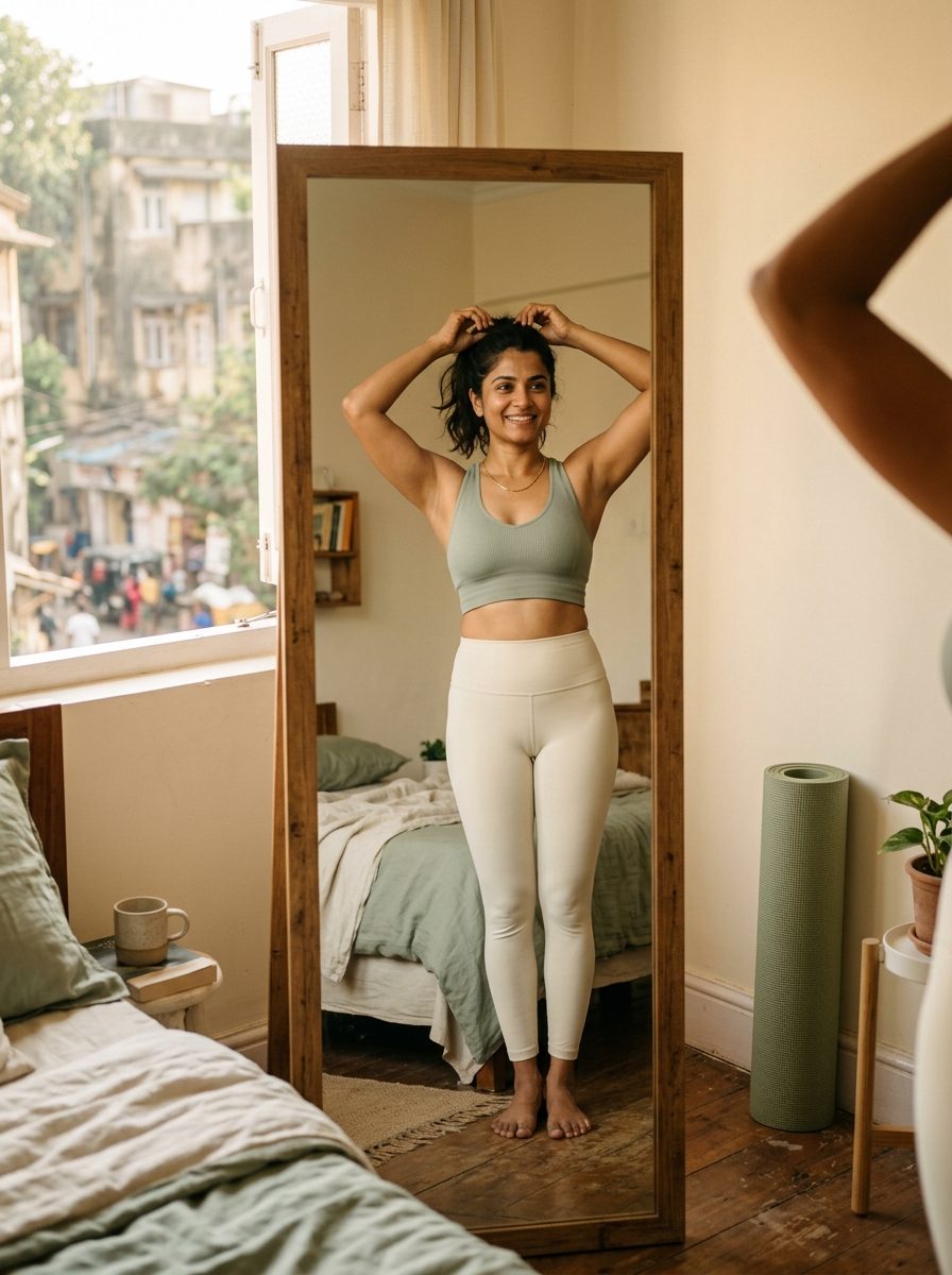 Week 12 mirror photo of the same woman at the end of her twelve week journey