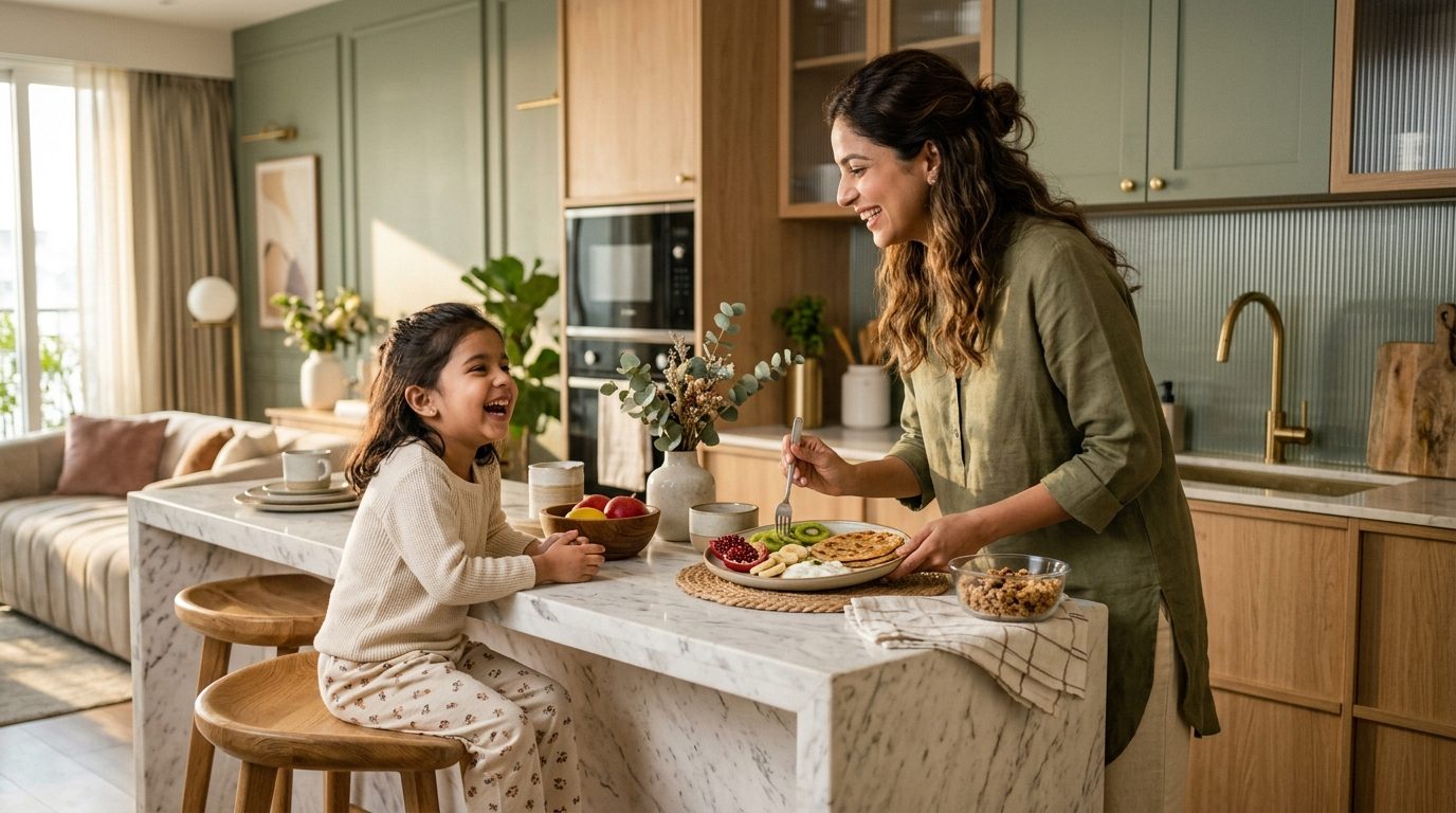 A mother logging breakfast by voice while plating fruit for her daughter at the kitchen island