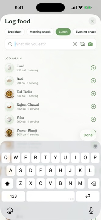 The log food sheet in Sehat with search, scan and photo options
