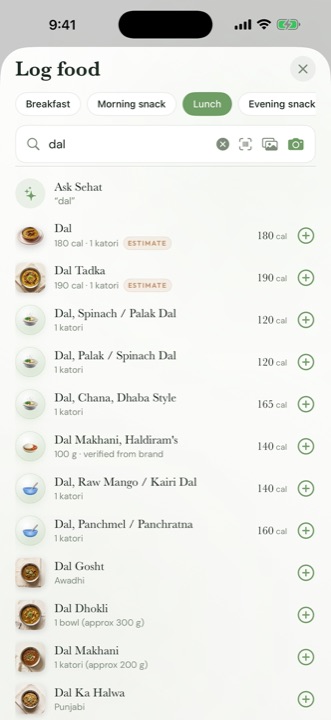 Searching for dal in the Sehat app, showing matching Indian dishes with photos