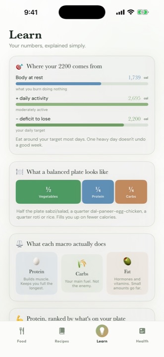 The Learn tab in Sehat breaking down where the day's calories came from