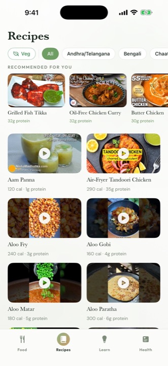 The Recipes tab in Sehat showing Indian recipes with photos