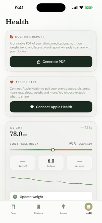 The Health tab in Sehat showing Apple Health metrics including steps and burned calories